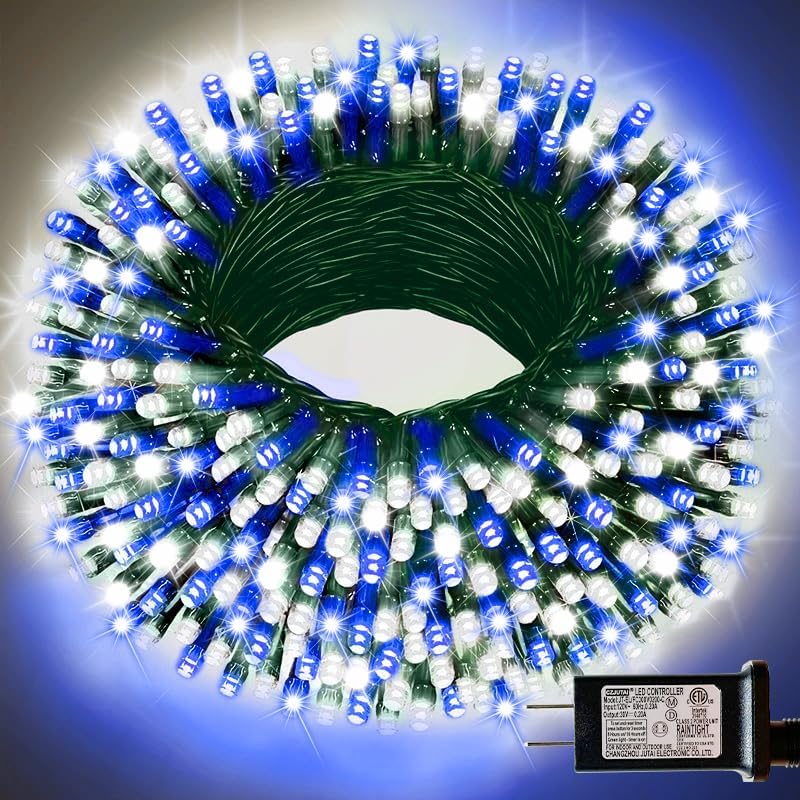 33ft Christmas Decorative Mini Lights, 100 LED Green Wire Fairy Starry String Lights Plug in, 16 Lighting Modes for Outdoor Xmas Tree Wedding Party Decoration (White+Blue)