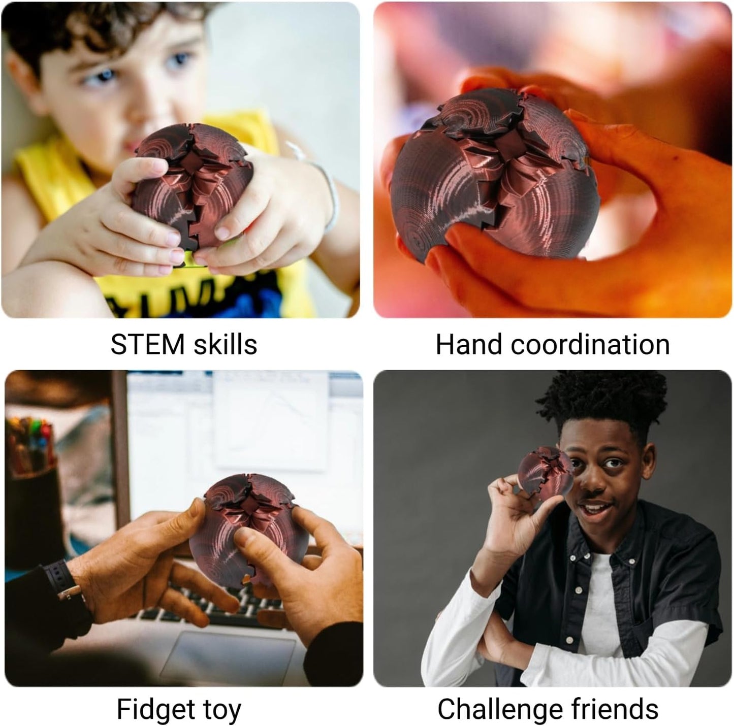 3D Printed Gear Ball, Gear Sphere Fidget Toy Stress Relif Toy for ADHD, Anxiety Relaxing Toy for Adults at work/study/travel, Twist Red Black