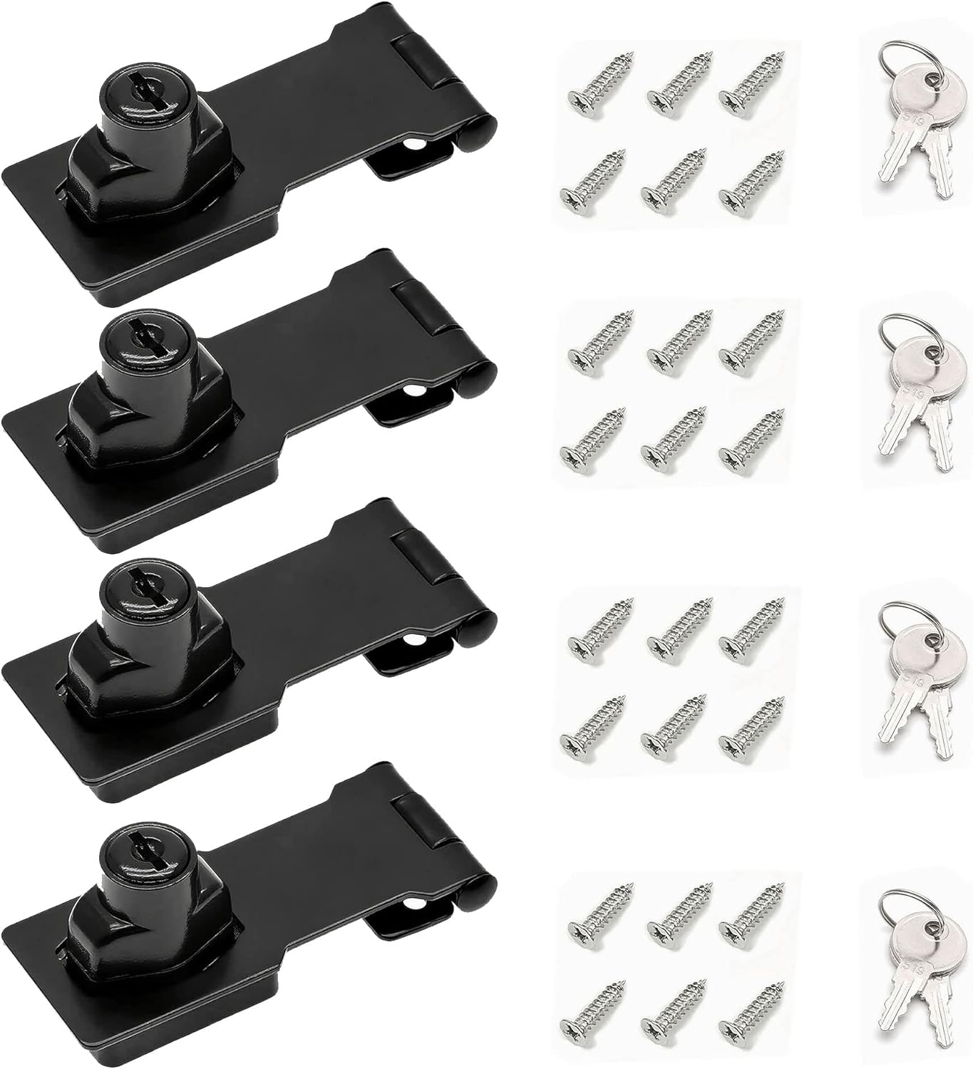 3 Inch Keyed Hasp Lock for Cabinets & Small Doors, Twist Knob Design, Heavy Duty Zinc Alloy with Chrome-Plated Iron, Includes Keys & Screws - Black, 4 Pack