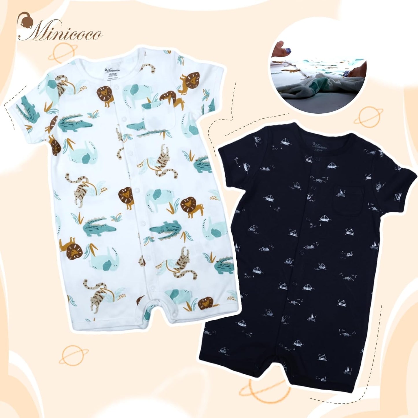 3-Pack 100% Cotton Baby Boy Rompers,0-24Months Short Sleeve Toddler Romper,Breathable Spring/Summer Clothes