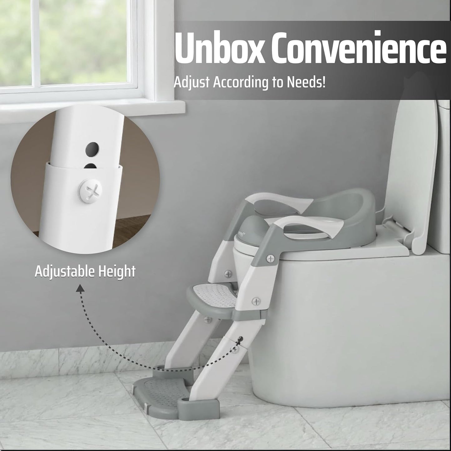 3-in-1 Toddler Potty Training Toilet Seat with Foldable Ladder – Adjustable Toddler Toilet Seat for Boys & Girls with Soft Cushion, Ergonomic Backrest, Non-Slip Pedal and Safety Grips (White & Gray)