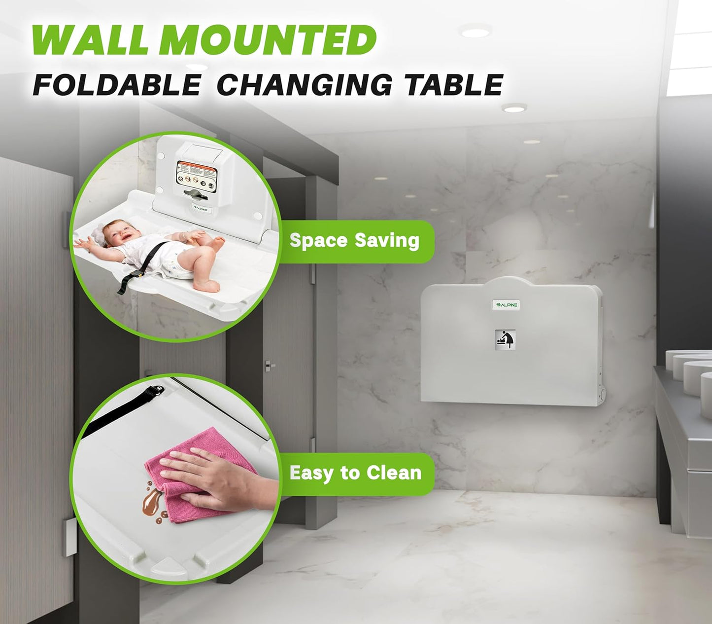 Alpine Wall Mounted Baby Changing Station - Horizontal Baby Changing Table Foldable Diaper Tables with Safety Strap for Commercial Bathroom, ADA Complaint (Hardware Included) White Gray