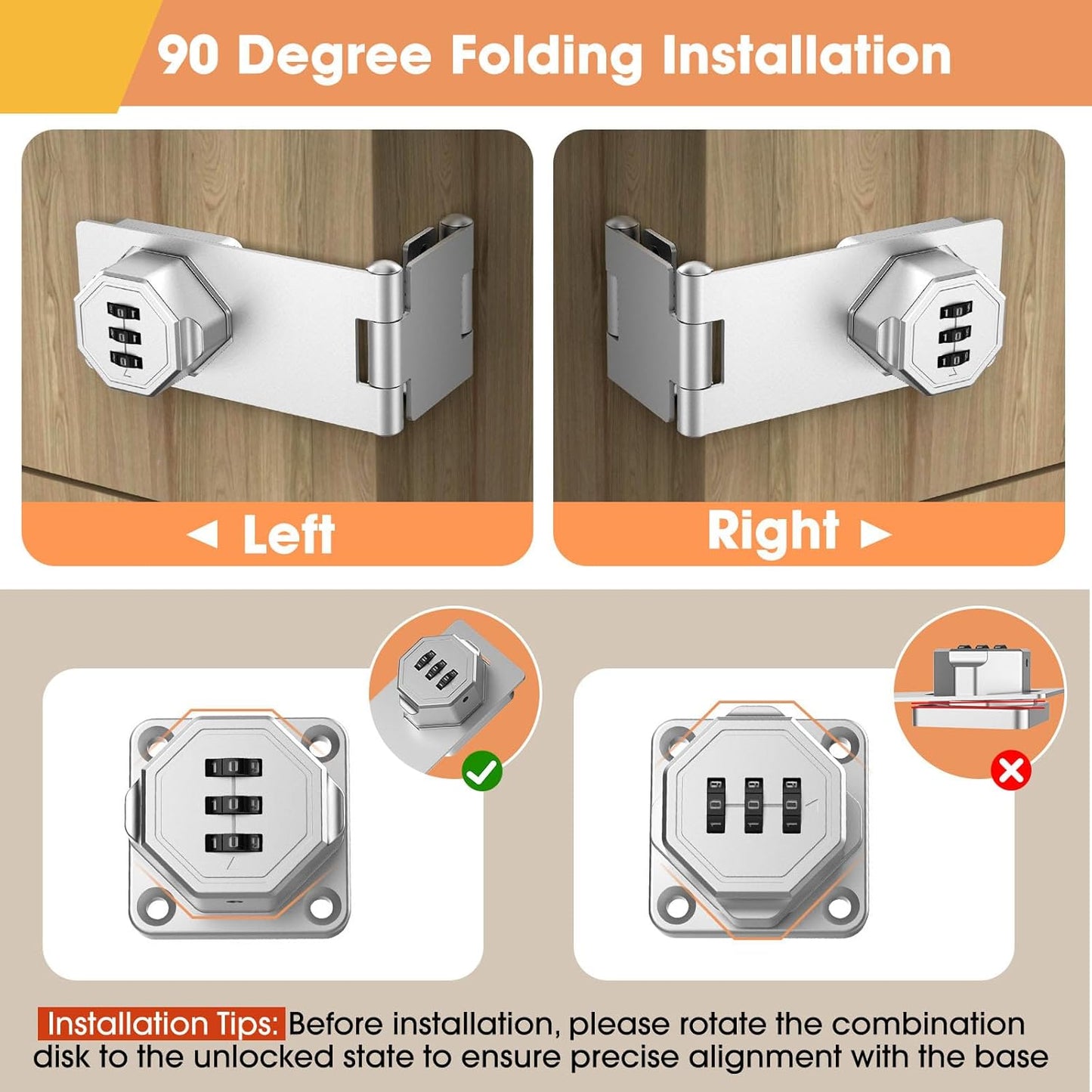 90 Degree Cabinet Locks with Combination, Mechanical Folding Door Latch, Keyless Password Rotary Hasp Latch Lock for Office File Cabinet, Drawers, Locker, Small Door, Cupboard (1, Silver)