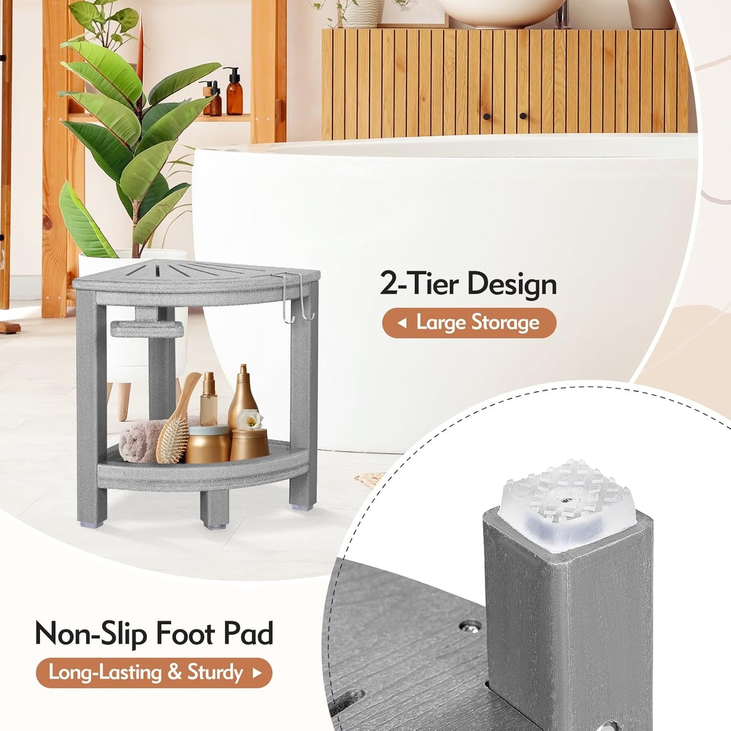 2-Tier Corner Shower Stool with Hooks & Soap Dish, HDPE Shower Bench for Shaving Legs, Wood-Like Shower Stool for Inside Shower with Non-Slip Foot Pads, Waterproof Shower Foot Rest (Grey)