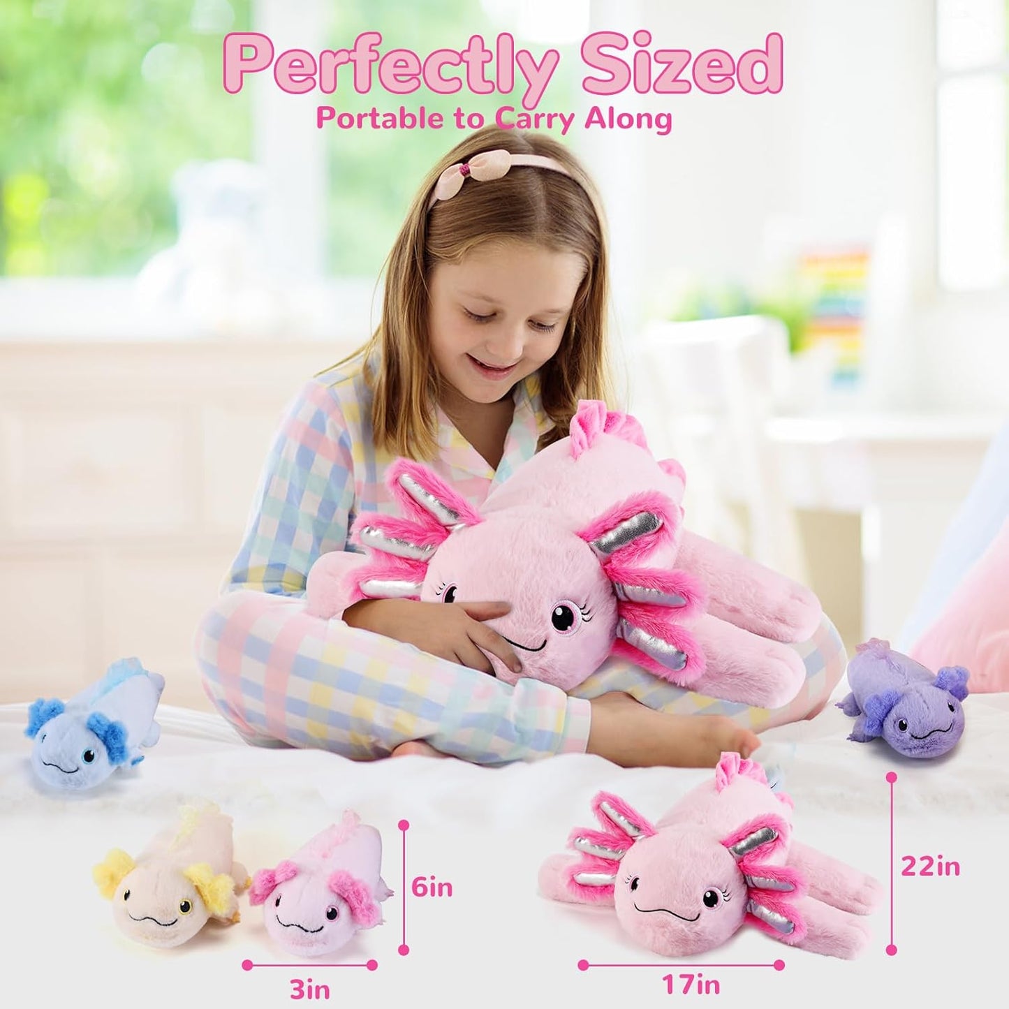 5 Pieces Axolotl Stuffed Animals with Babies Inside Belly - 1 Mommy Stuffed Axolotl with 4 Babies - Pink Axolotls Plush Toy for Kid Age 3-8, Gift Ideal for Christmas, Valentine's, Birthday