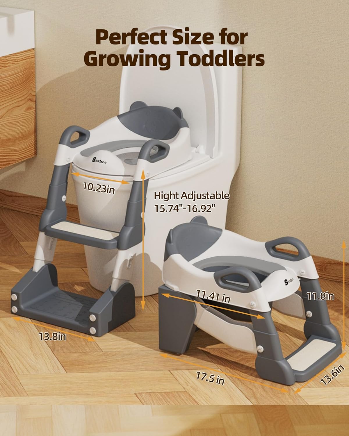 3-in-1 Potty Training Toilet, Toddler Toilet Seat with Step Stool, Foldable Potty Ladder with Potty Chart, PU Cushion, Splash Guard, Anti-Slip Steps & Urinal for Boys & Girls, Grey