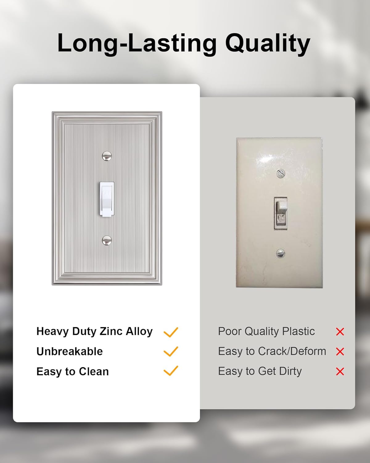 2-Pack Single Toggle Light Switch Cover Plate, Durable Solid Zinc Alloy Decorative Switch Plate Covers, Brushed Nickel 1 Gang Wall Plate, Corrosion Resistant