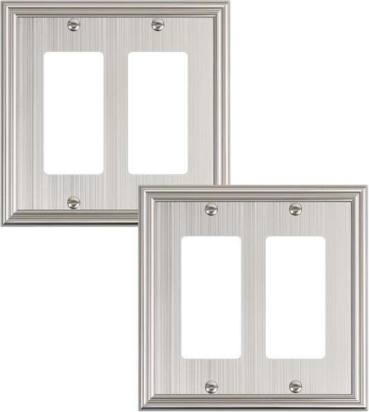 2-Pack Decorative Double Decorator Outlet Cover Plate, Durable Zinc Alloy Brushed Nickel Wall Plates for Electrical Outlets, Receptacle, GFCI Outlet, Dimmer Switch, 2-Gang