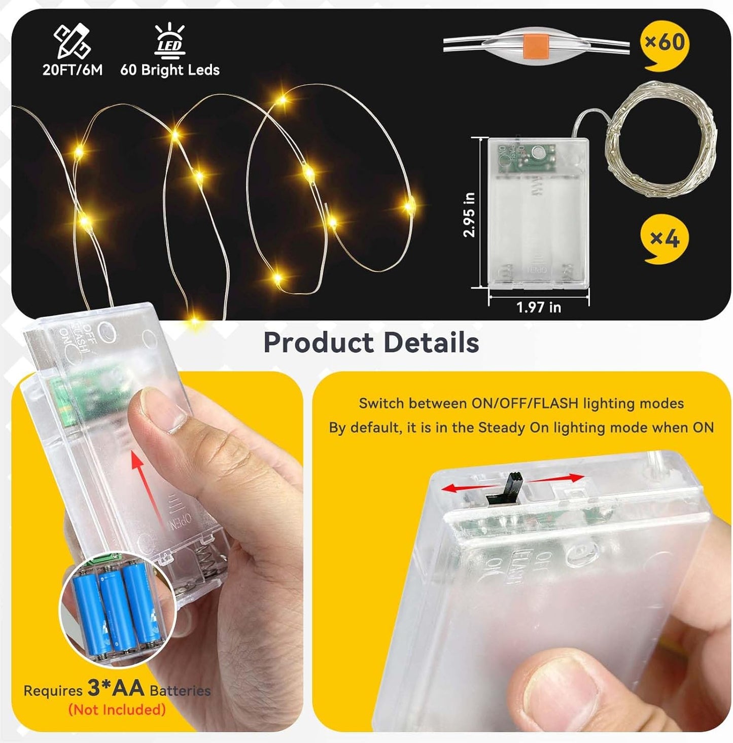 4 Pack 60LED Christmas Fairy Lights Battery Operated - 20FT Twinkle Lights with 2 Lighting Modes Indoor Outdoor, Waterproof Led Fairy String Lights for Bedroom, Classroom, Dorm, DIY Decor, Warm White