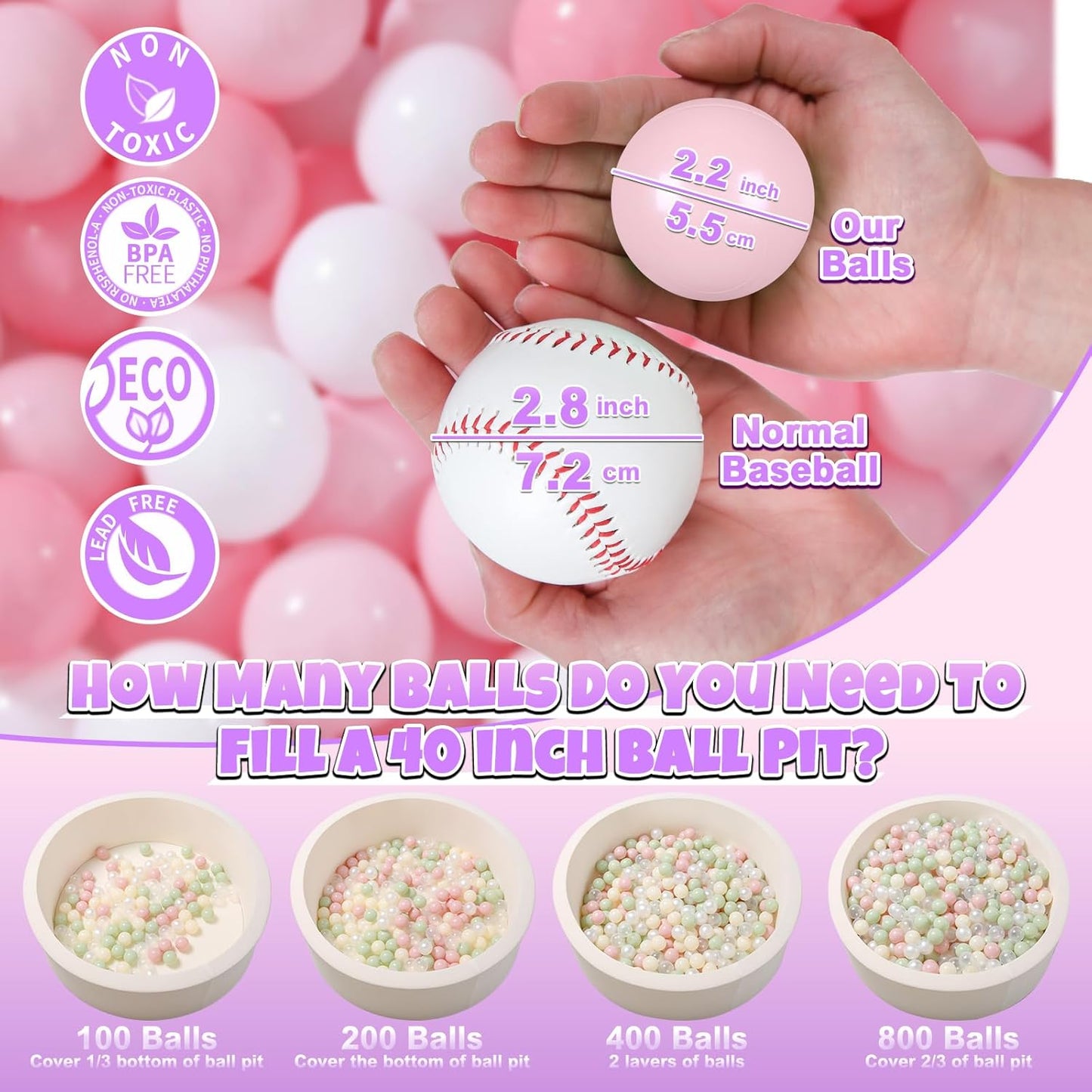 GOGOSO Ball Pit Balls 100 PCS for Toddles, Kids Plastic Balls for Ball Pit, Pool, Pink Party Accessories, Birthday Decoration, Crush Proof and Durable with Storage Bag