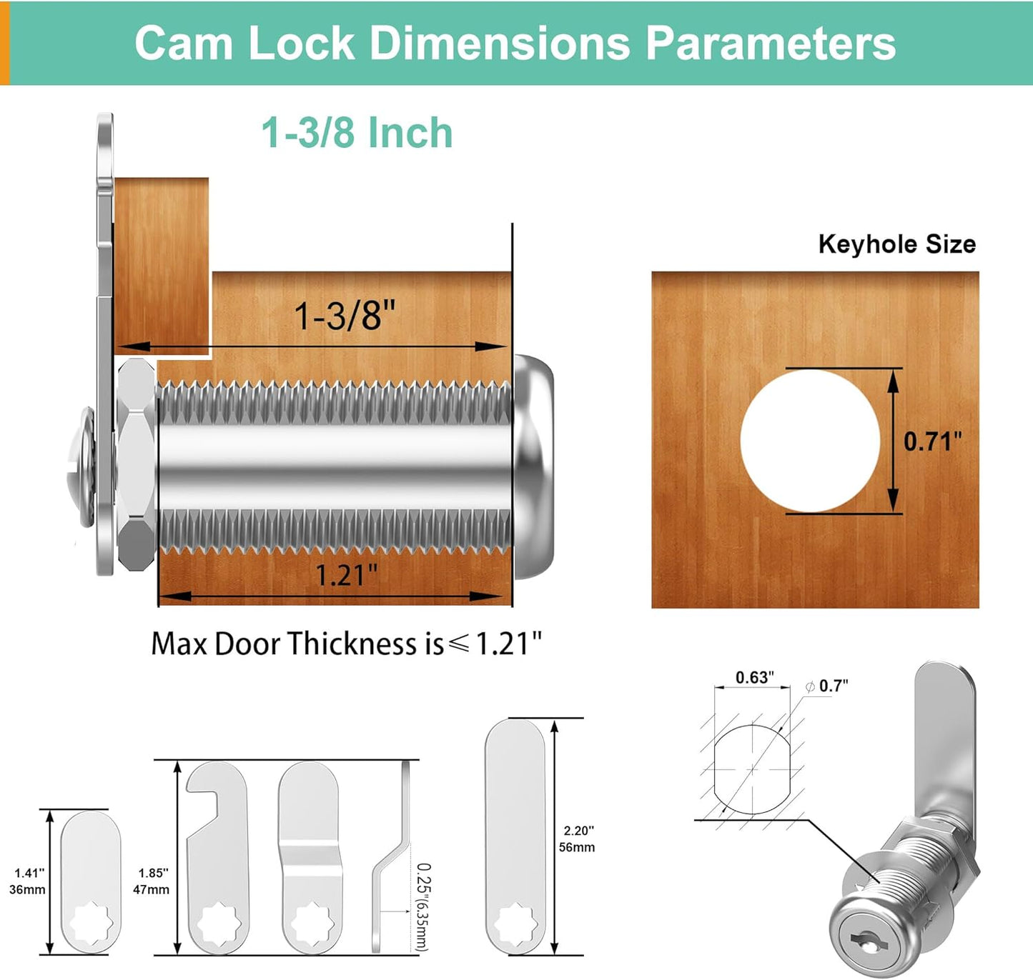 3 Pcs Cabinet Locks with Keys, 1-3/8'' Cam Lock Keyed Alike Fit 1-1/8'' Max Panel, Mailbox Lock with Keys Secure Drawer RV Storage Locks, Zinc Alloy