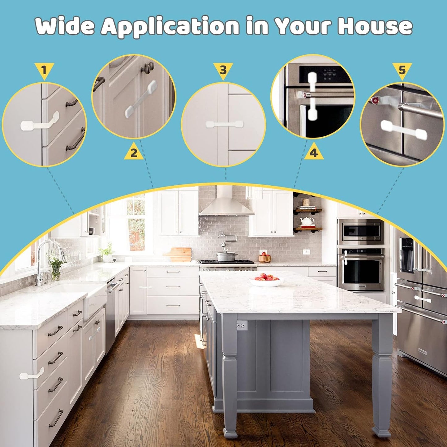 4our Kiddies 14 Pack Baby Proof Cabinet Latches, Childproof Drawer Latches with 12 Extra 3M Adhesives, Adjustable No Drilling Child Safety Cabinet Locks Straps Baby Drawer Locks for Kids Baby Safety