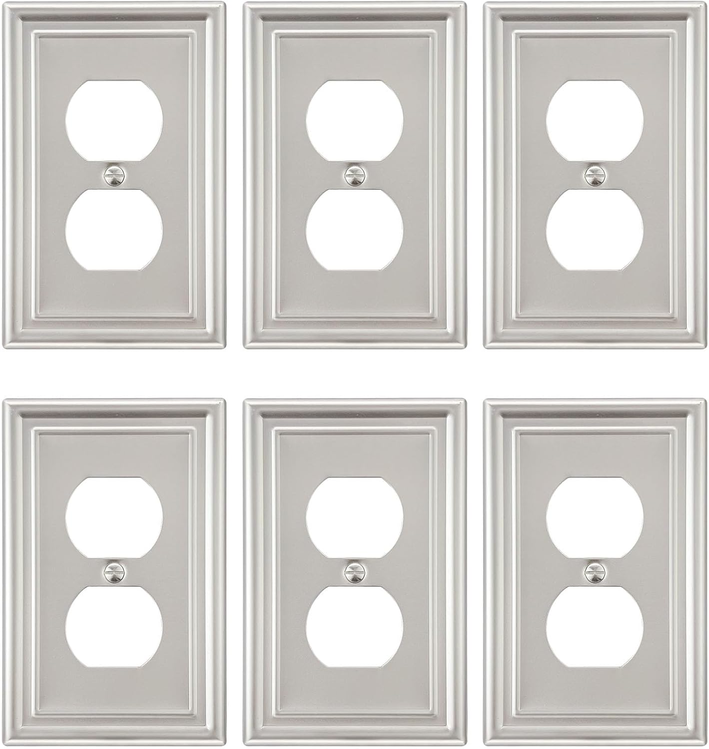 6-Pack Satin Nickel Outlet Cover, Single Duplex Wall Plate for Electrical Outlet, Light Switch, Durable Metal, 3.15''*4.88'', Midsize