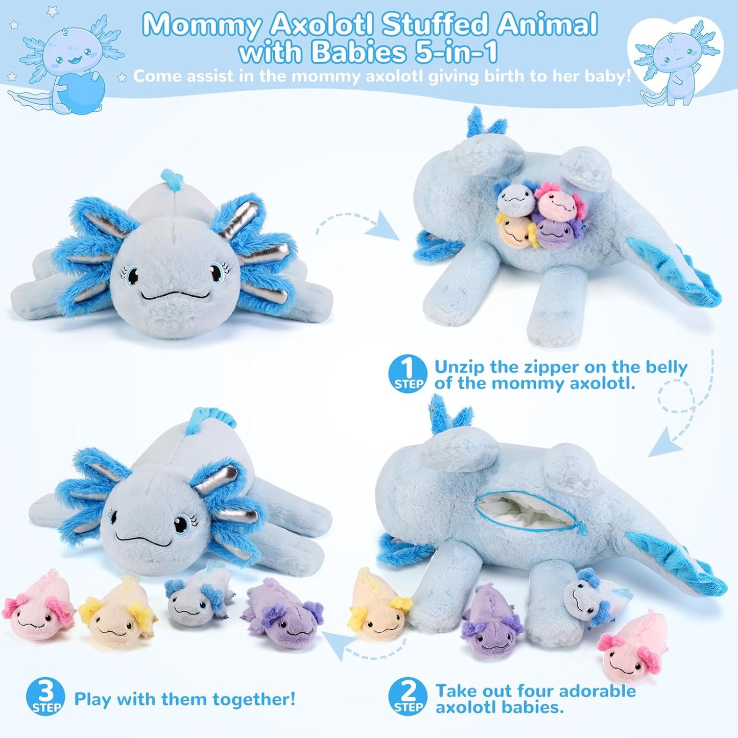 5 Pieces Axolotl Stuffed Animals with Babies Inside Belly - 1 Mommy Stuffed Axolotl with 4 Babies - Blue Axolotls Plush Toy for Kid Age 3-8, Gift Ideal for Christmas, Valentine's, Birthday
