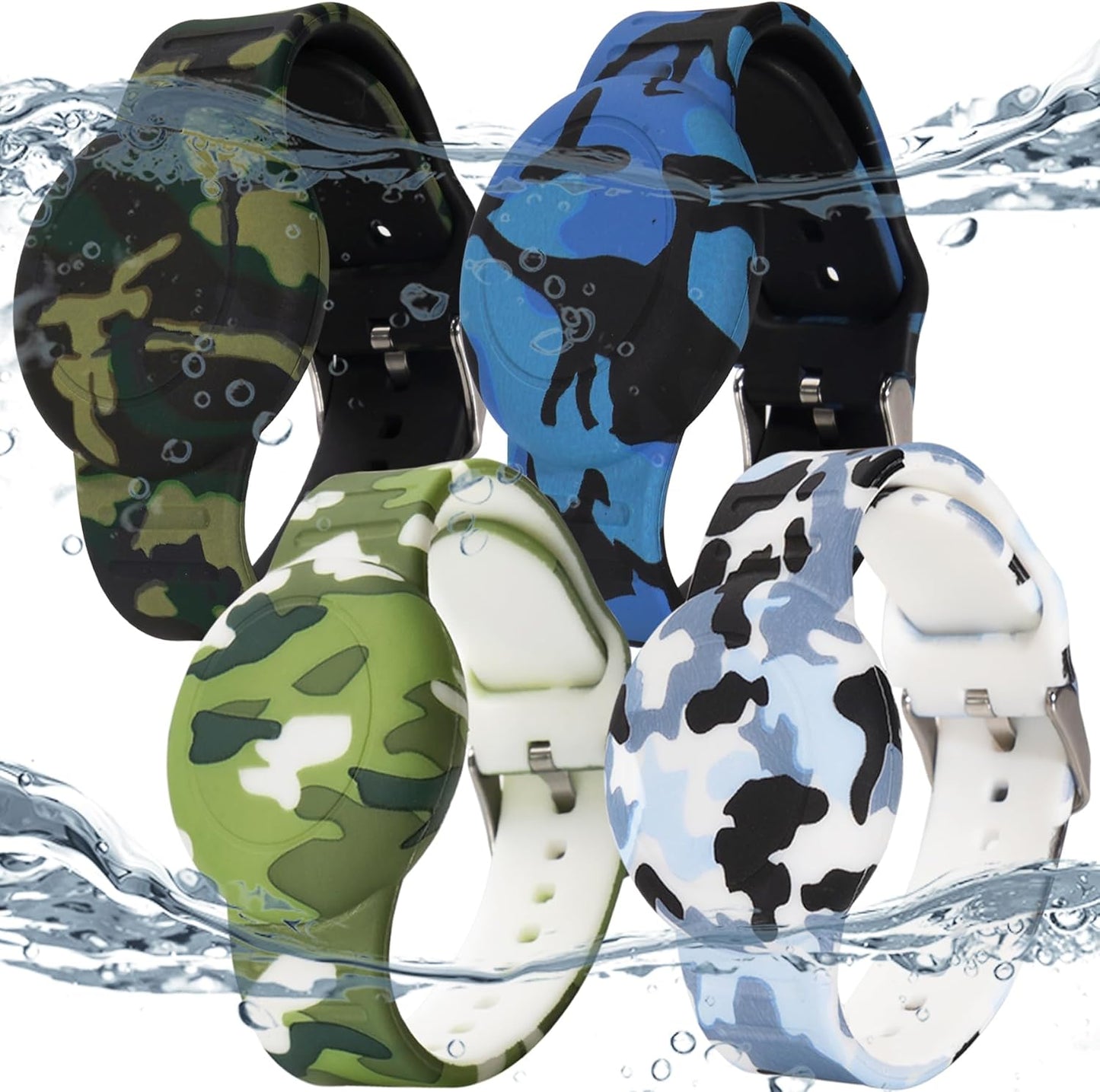 4 Pack Waterproof AirTag Bracelet for Kids, Hidden Printed Wristband for Apple Air Tag, Silicone AirTag Holder GPS Tracker Case for Band for Child Toddler, Secure Anti-Lost Protection