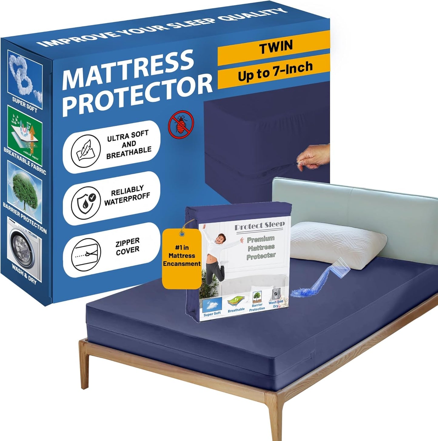 Greaton,Zippered Mattress Protector Cover, Waterproof, Easy to Clean, Fits Mattress up to 7-Inch, Twin, Blue