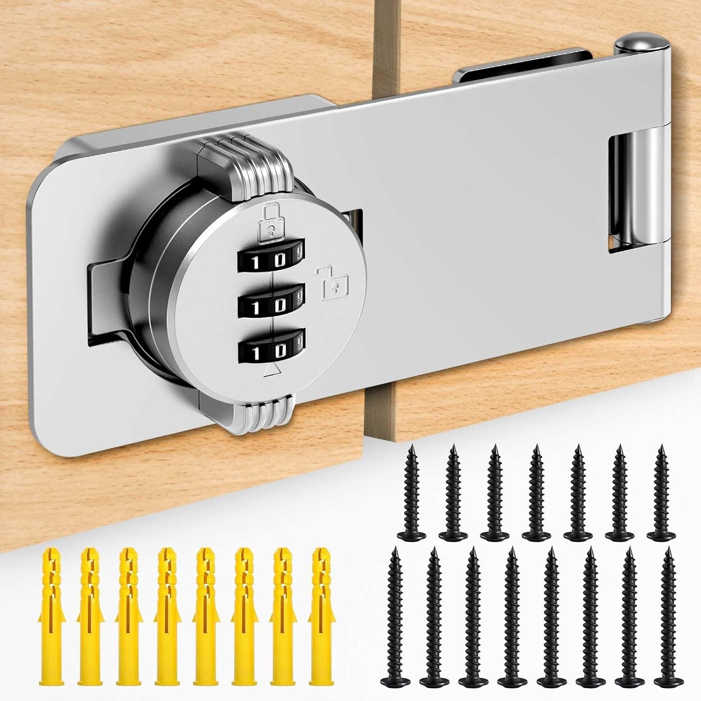 4.5 in Mechanical Combination Swing Hasp Lock, Combination Cabinet Lock, Small Door Security Latch for Cabinets, Drawers, Closets, Storage Cabinets and Barn Doors (Silver-1pc)