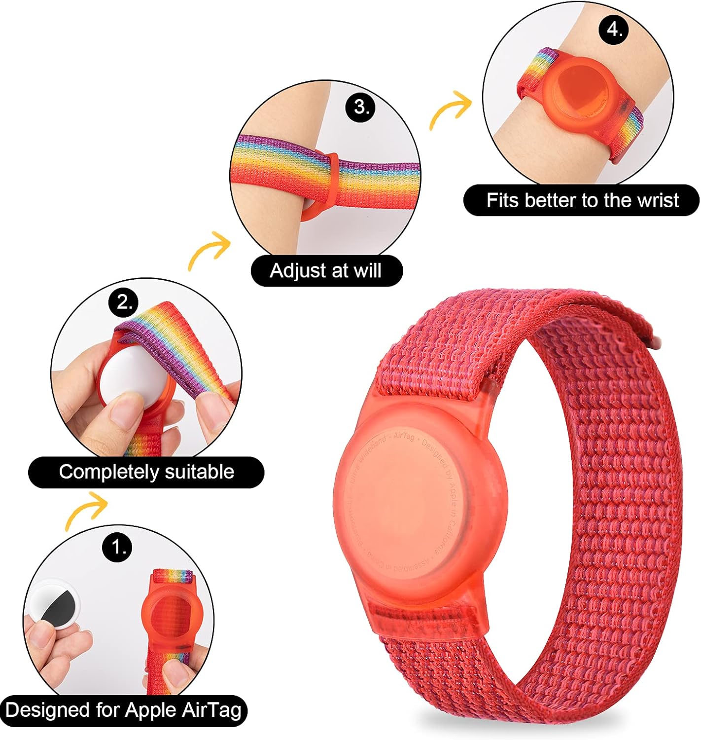 AirTag Bracelet for Kids, Apple Air Tag Protective Cover with Nylon Wristband, Anti Lost GPS Trackers Case Cover Elastic Watch Band for Toddlers Girls Boys Elders (Red)