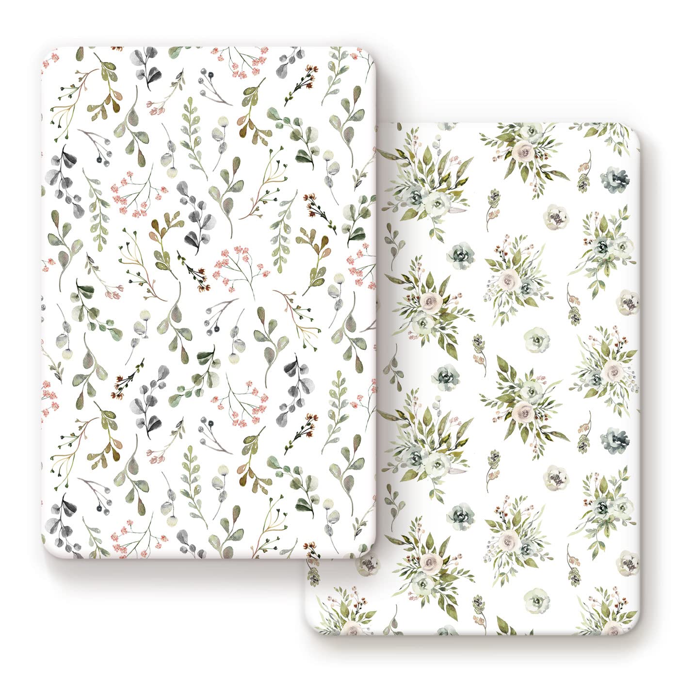 GRSSDER Stretchy Ultra Soft Jersey Knit Fitted Pack n Play Sheets Set 2 Pack， Portable Pack and Play/Mini Cribs Sheets for Girls，Stylish Watercolor Rose and Flora