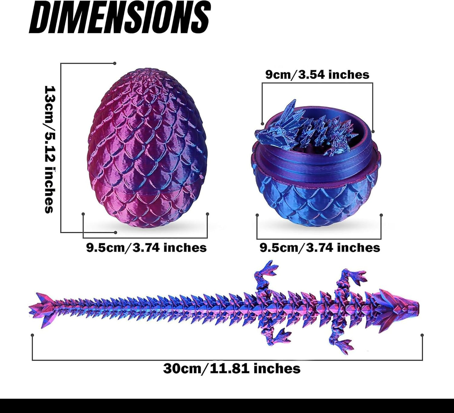 3D Printed Dragon in Egg, Full Articulated Dragon Crystal Dragon with Dragon Egg, Home Office Decor Executive Desk Toys, Adults Fidget Toys,12 Inches. (Laser Purple)