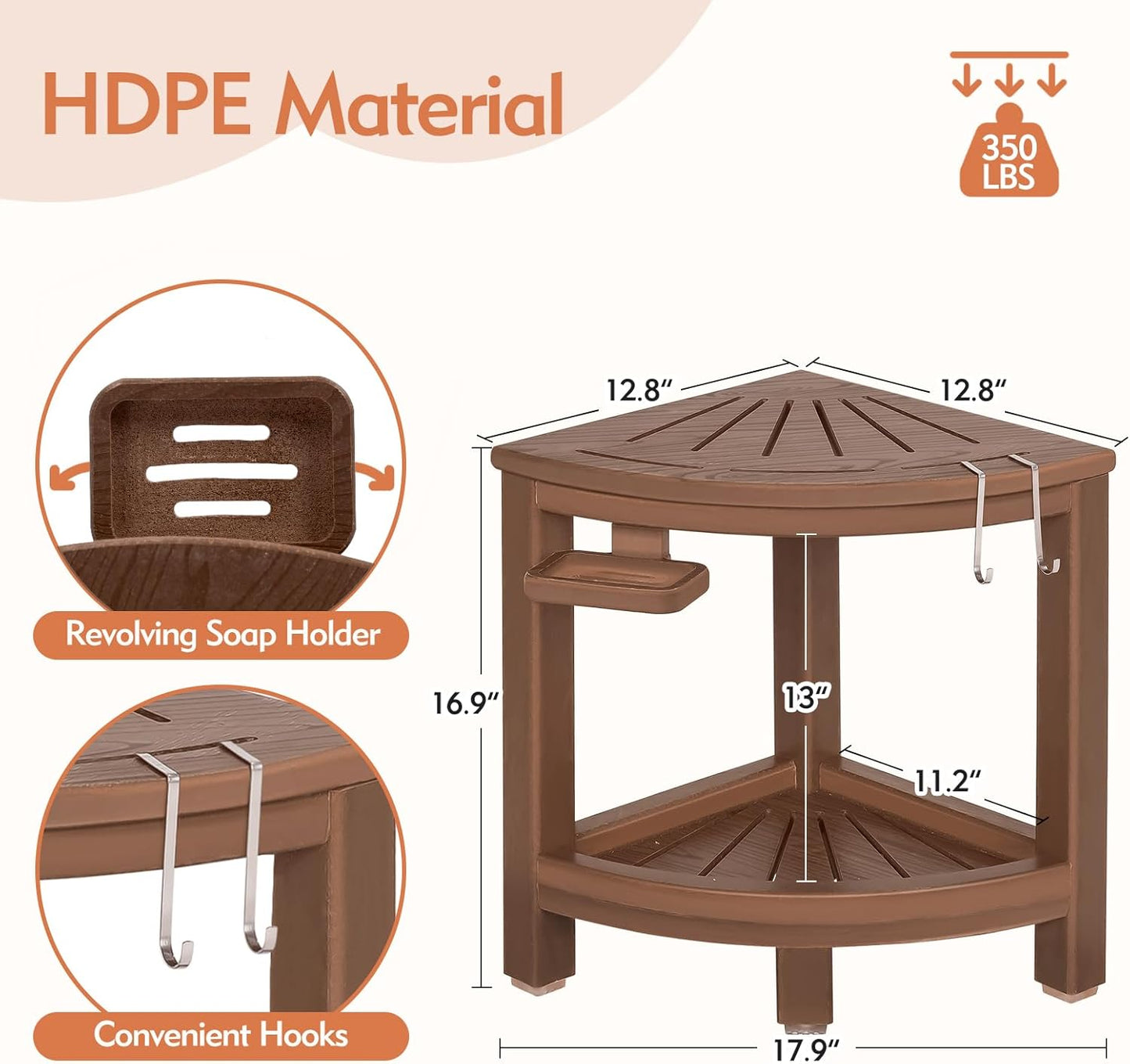 2-Tier Corner Shower Bench with Hooks & Soap Dish, HDPE Waterproof Stool for Shaving Legs, Non-Slip Shower Foot Rest - Brown
