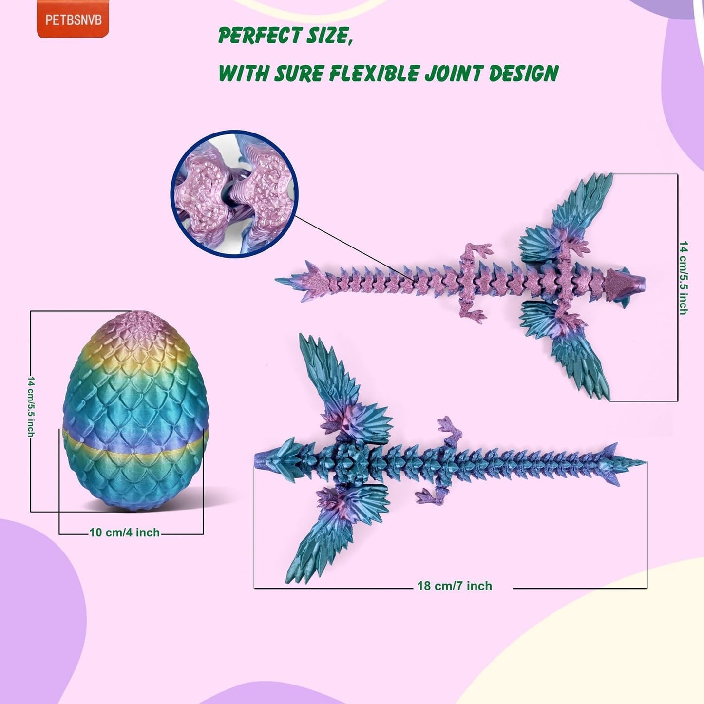 7" 3D Printed Dragon with Wings in Egg, Easter Basket Stuffers, Crystal Dragon Surprise in Eggs, Articulated Dragon, Dragon Fidget Toy, Home Office Decor Executive Desk Toy (Laser Purple)