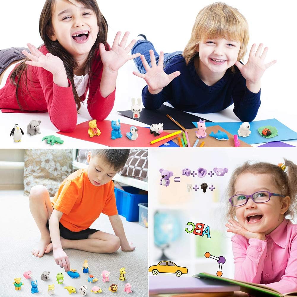 46Pcs Animal Erasers Desk Pets for Kids Animal Pencil Erasers Bulk Puzzle Eraser Toys Gifts for Classroom Prizes,Game Reward,Treasure Box,Easter Egg Fillers,Goodie Bag Stuffers,Party Favors