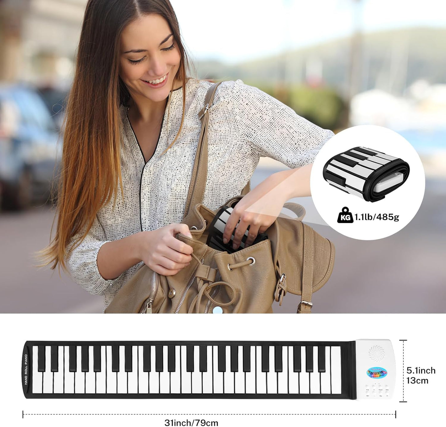 49 Key Roll Up Keyboard Piano, Portable Digital Electric Foldable Piano Keyboard, Rechargeable, 47 Tones, 14 Educational Demo Songs, for Beginners Gift (Black & White Key)