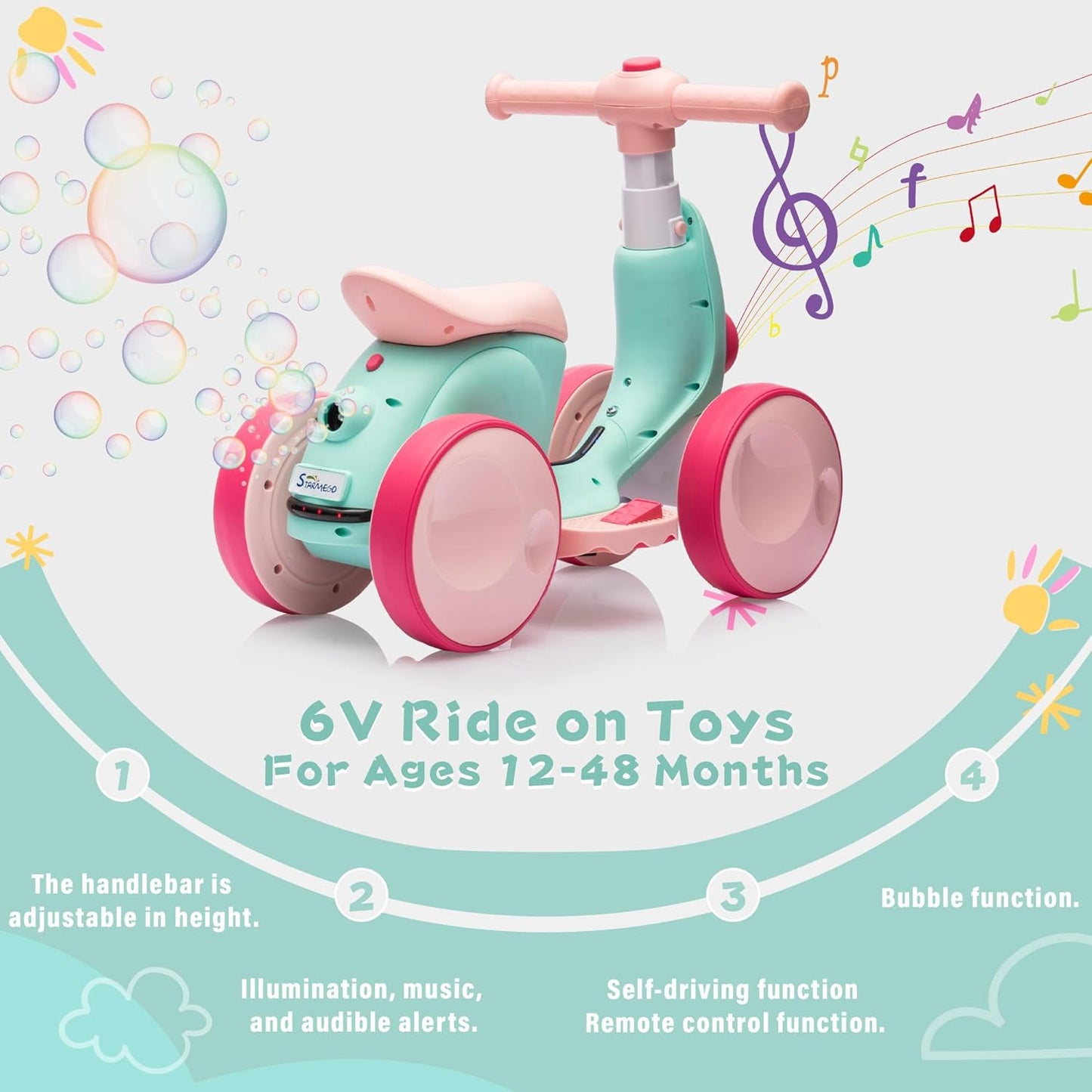 6V Electric Baby Balance Bike with Bubble Machine,4 in 1 Toddler Balance Bike w/Remote for 1 Year Old Boys Girls Kids Bubble Bike Ride on Toys w/Powered Motor,Music,LED Lights (Green&Red)