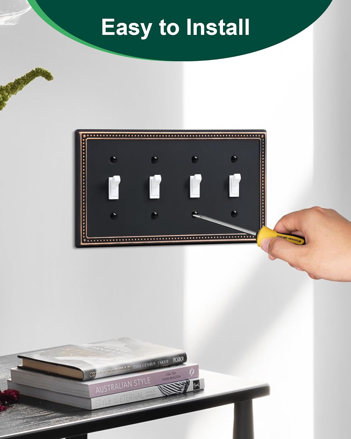 2-Pack Quad Toggle Light Switch Cover Plate, 4 Gang Metal Switch Plate Covers, Aged Bronze Pearls Decorative Wall Plate, Corrosion Resistant