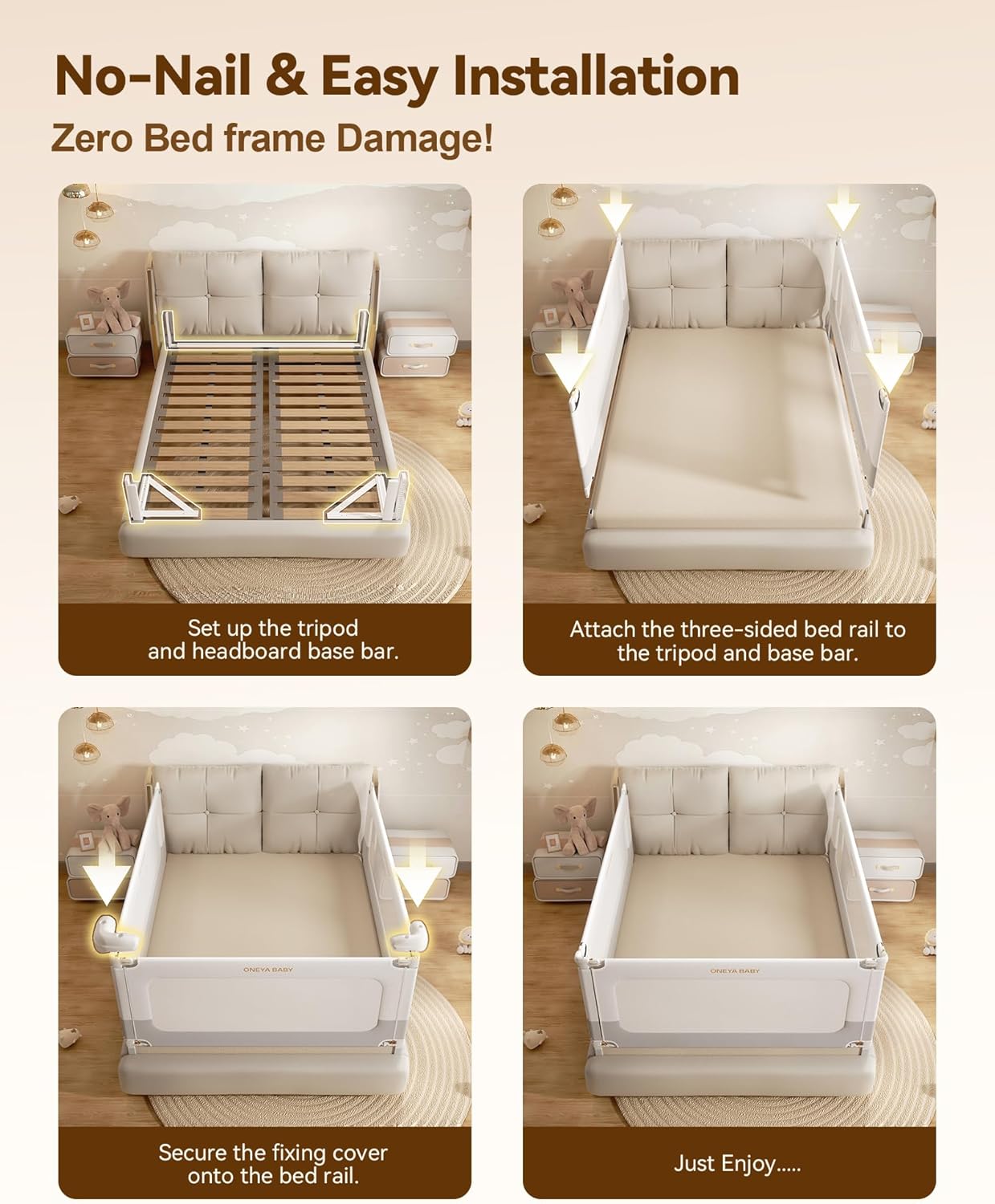 3 Piece Bed Rails for King Size Bed, No-Drill Needed Baby Bed Rail Guard for Toddlers with Height Adjustable, Thickened Child Safety Side Railing Guards/Bedrail for Kids, White/Grey, 74.8x78.7x78.7in