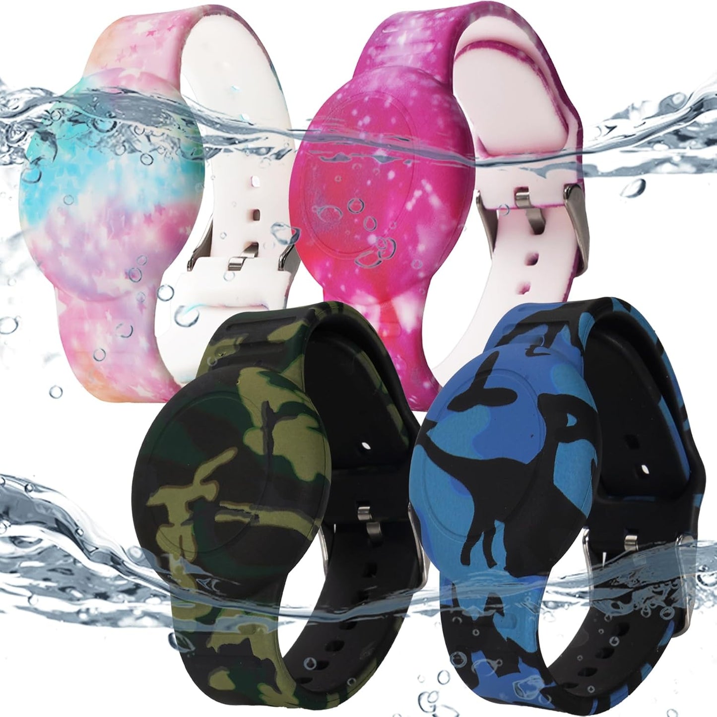 4 Pack Waterproof AirTag Bracelet for Kids, Hidden Printed Wristband for Apple Air Tag, Silicone AirTag Holder GPS Tracker Case for Band for Child Toddler, Secure Anti-Lost Protection