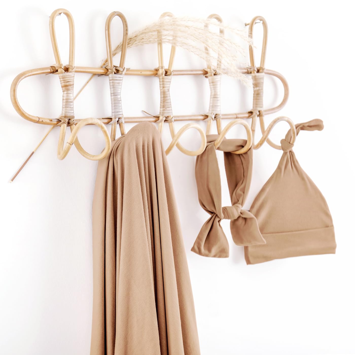 GRSSDER Newborn Swaddle Blanket, Ultra Soft Jersey Receiving Blanket with Matching Headband and Beanie Set 33×44", Stretchy Baby Neutral Swaddle Wrap for Girls and Boys