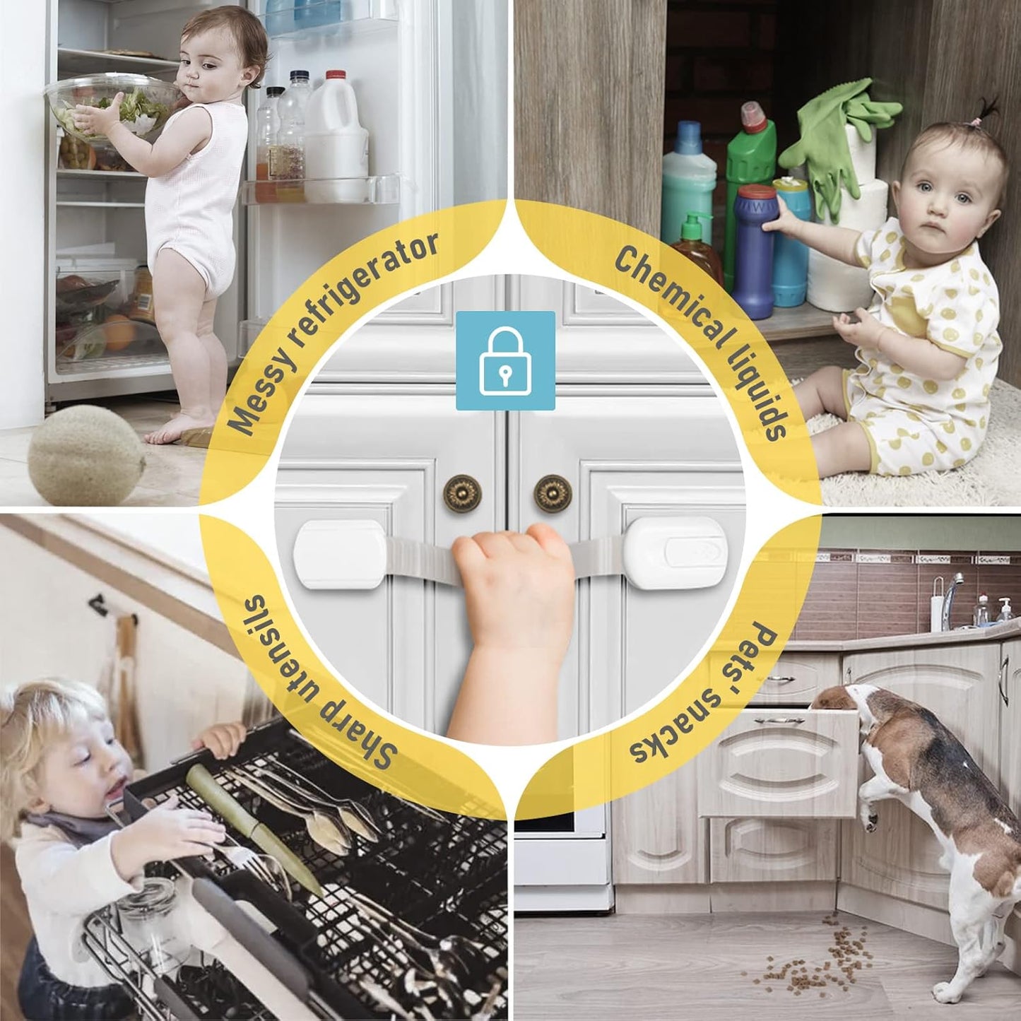4our Kiddies Child Safety Cabinet Locks for Babies (2 Pack) Child Proof Latches for Cabinets and Drawers Doors, Baby Proofing Cabinet Strap Locks for Cupboards, Fridge, Toilet and Closet