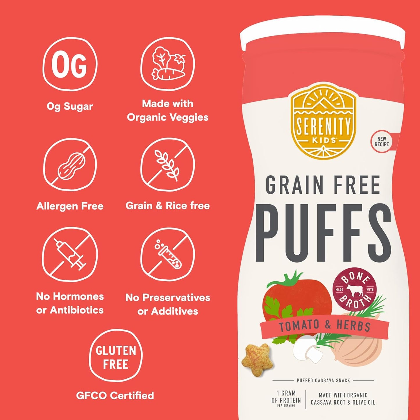 Serenity Kids 6+ Months Grain Free Puffs Toddler & Baby Snack | No Added Sugar, Gluten & Rice Free, Allergen Free | Made with Organic Cassava, Veggies, and Herbs | Tomato & Mushroom | 1 Count