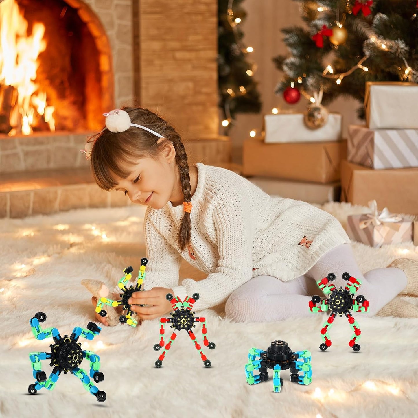 100 Pcs Funny Sensory Fidget Toy Bulk Transformable Chain Robot Finger Toys Fidget Spinners Stress Relief Fingertip Gyro Deformable Mechanical Spiral Twister Spinner Toy for Adult Kids ADHD (Glow)