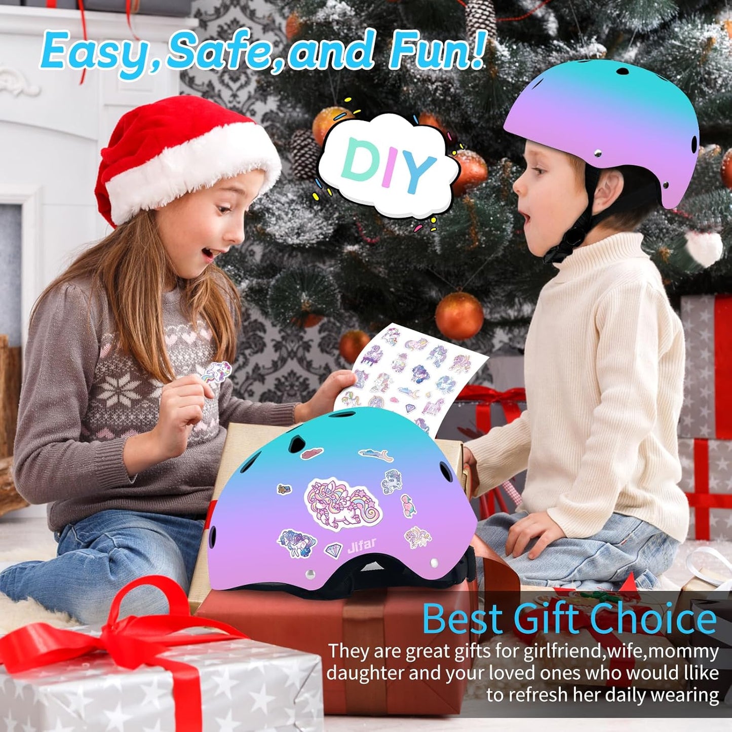 Adjustable Kids Bike Helmet with Knee & Elbow Pads Set, Color Gradient Design for Boys and Girls Aged 3-14+, for Skateboarding, Scooter, Roller & Inline Skating, Longboard