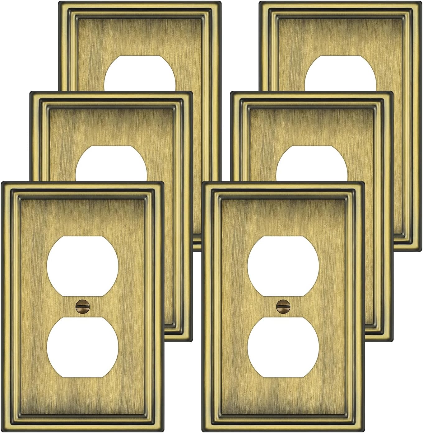 6 Pack Duplex Outlet Covers Wall Plates, Antique Brass Metal Electric Receptacle Cover, Classic Decorative Switch Plate and Outlet Cover, 1 Gang Wall Plate for Electrical Outlets
