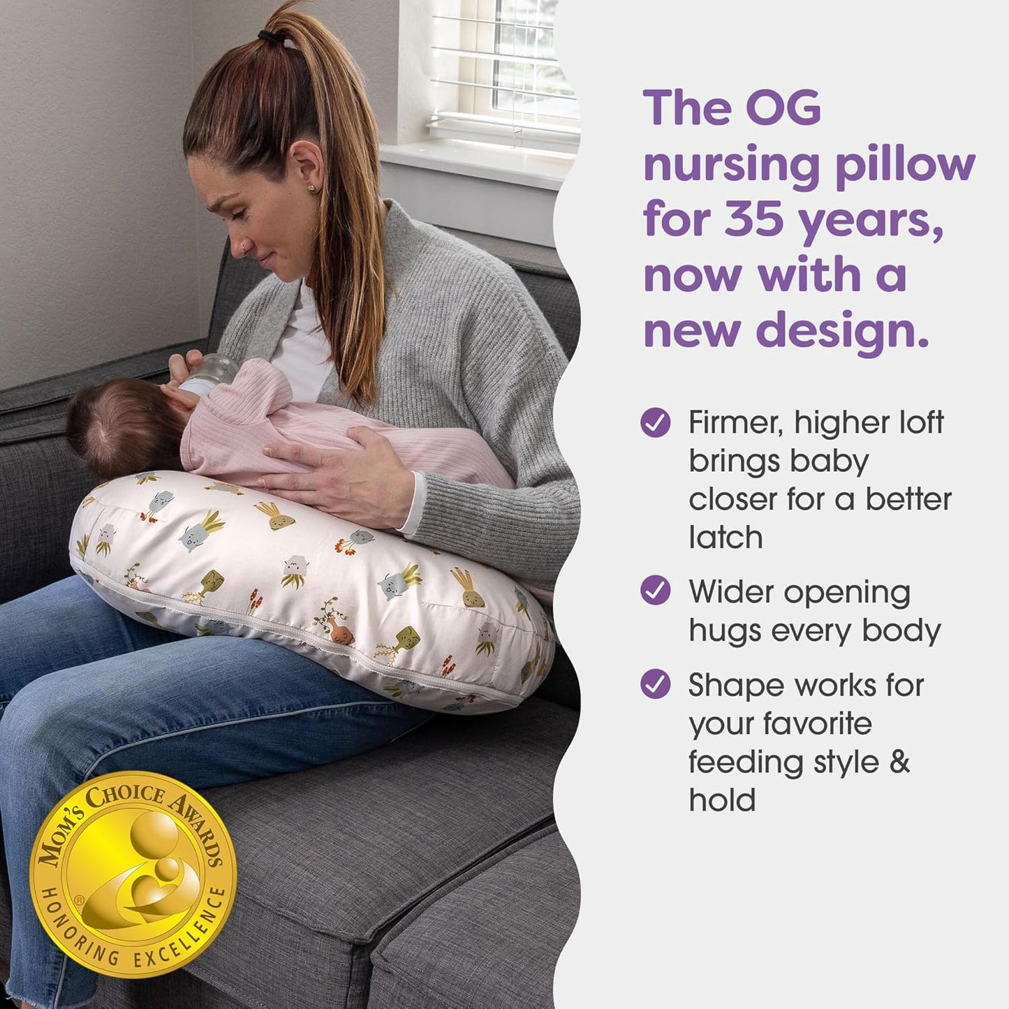 Boppy Nursing Pillow - Ergonomic Bottle & Breastfeeding Pillow with High, Firm, Large Area, Water-Repellent Cushion with Washable Cover; Baby Safety Alliance Verified - Tan Happy Houseplants