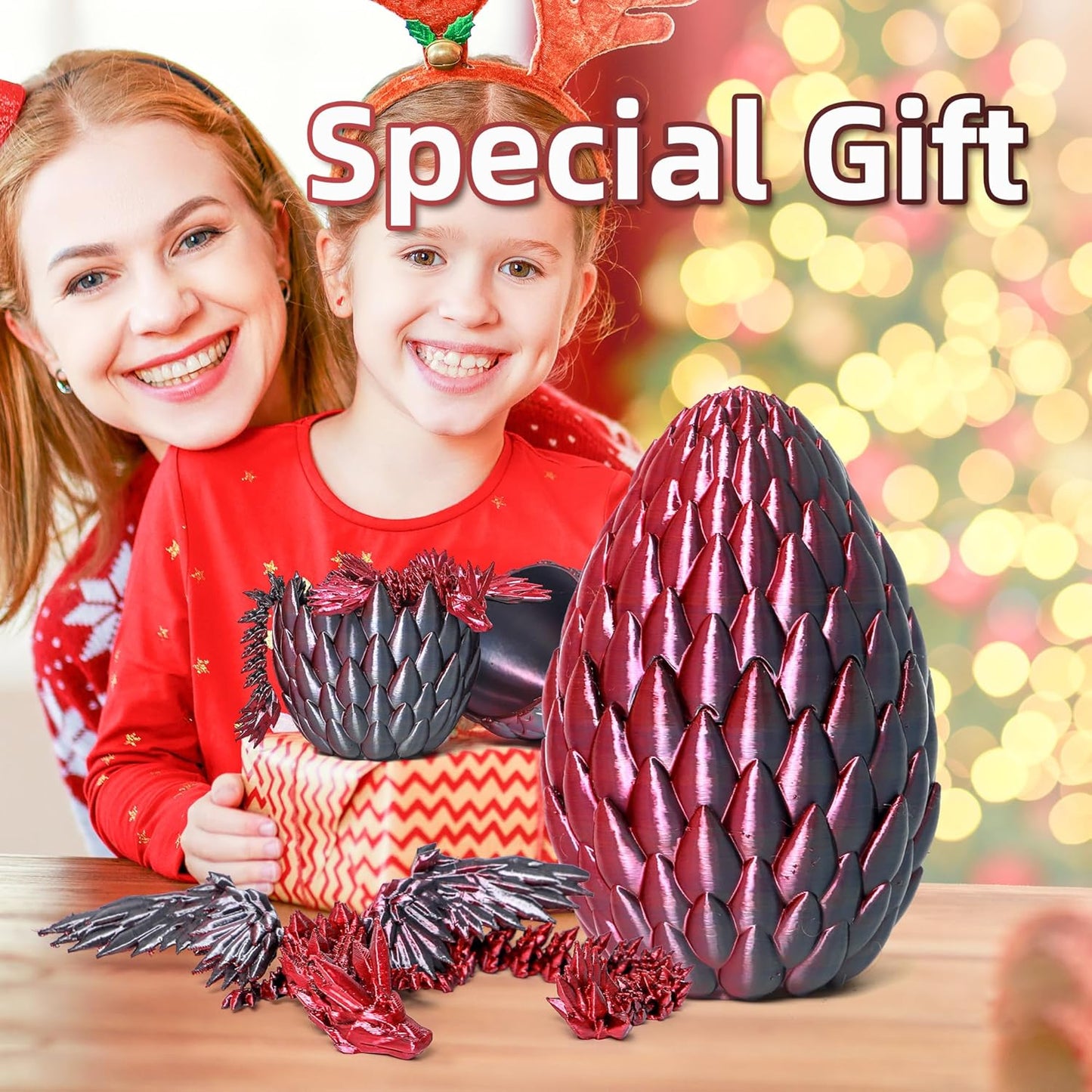 3D Printed Flying Dragon in Egg - Black Mix Red - Surprise Egg with Flexible Winged Dragon Inside, Mystery Beautiful Fidget Toy, Birthday Gift, Desk Figure Decor