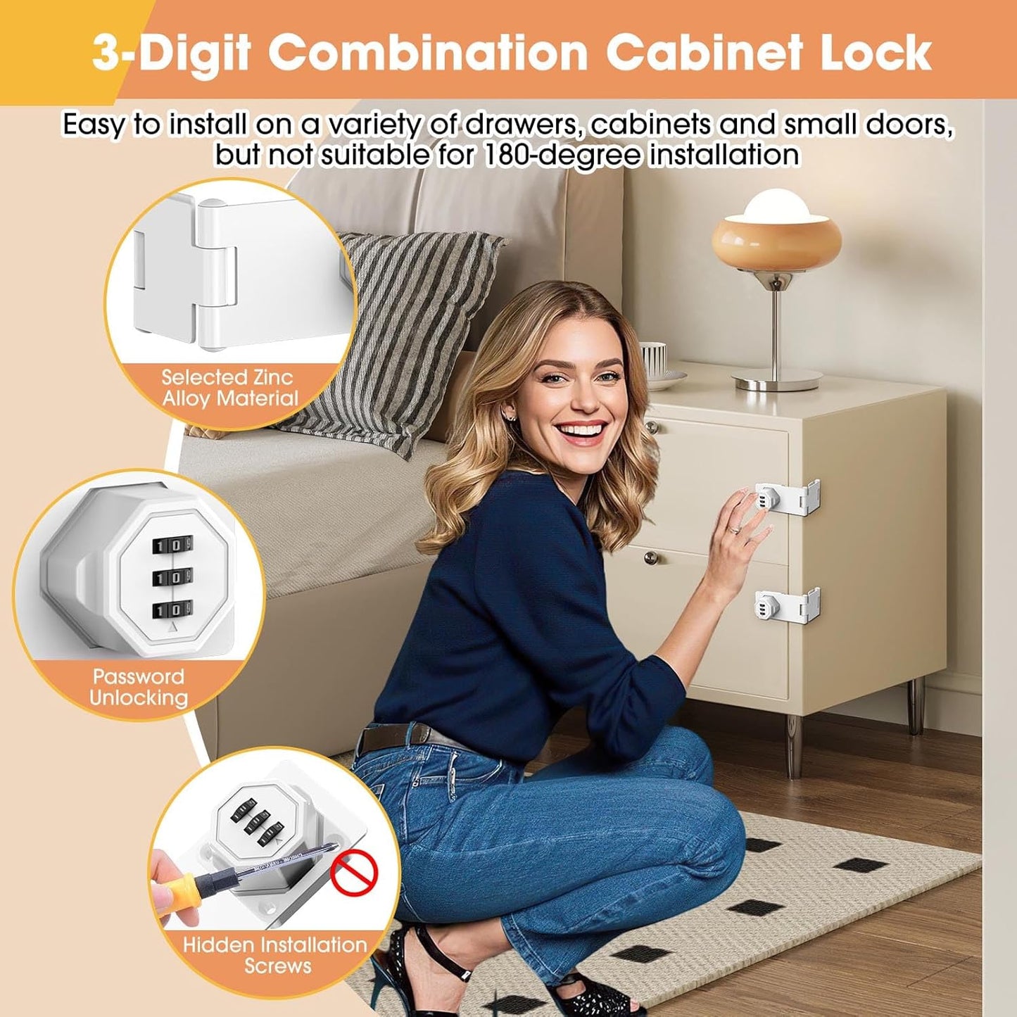 90 Degree Cabinet Locks with Combination, Mechanical Folding Door Latch, Keyless Password Rotary Hasp Latch Lock for Office File Cabinet, Drawers, Locker, Small Door, Cupboard (1, White)