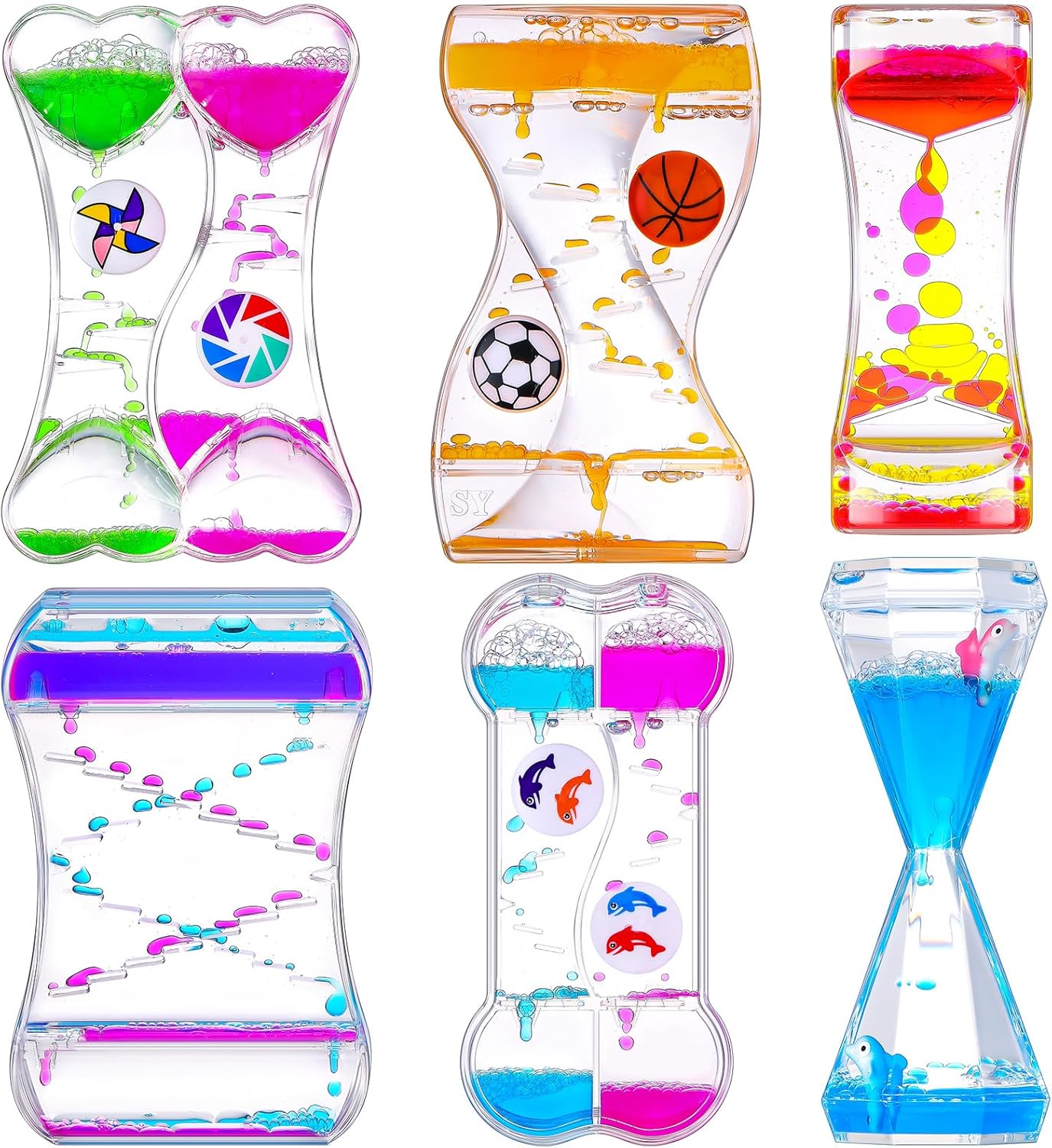 6 Pack Liquid Motion Bubbler Liquid Bubble Sensory Toys Colorful Oil Hourglass Fidget Toy Sensory Bottles Calming Toys Handheld Water Game for Boy Girl Autism ADHD Adults (Lively)