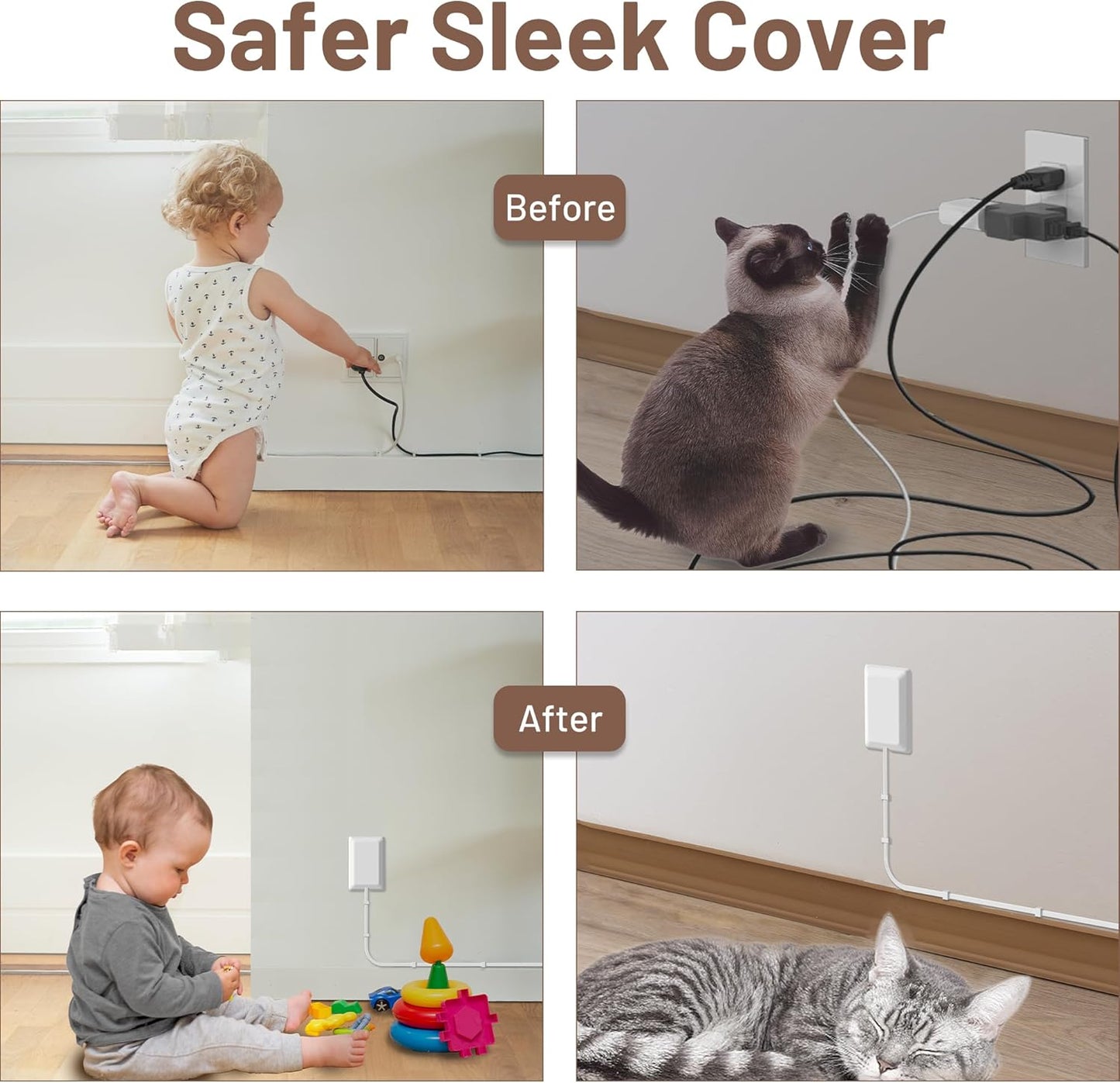 3FT Flat Plug Extension Cord with Outlet Covers Baby Proofing,Ultra Thin Outlet Concealer with Cord Concealer Kit,3 Outlet Power Strip,13A 125V 1625W,Universal Size for Home,Kitchen,ETL Listed,White