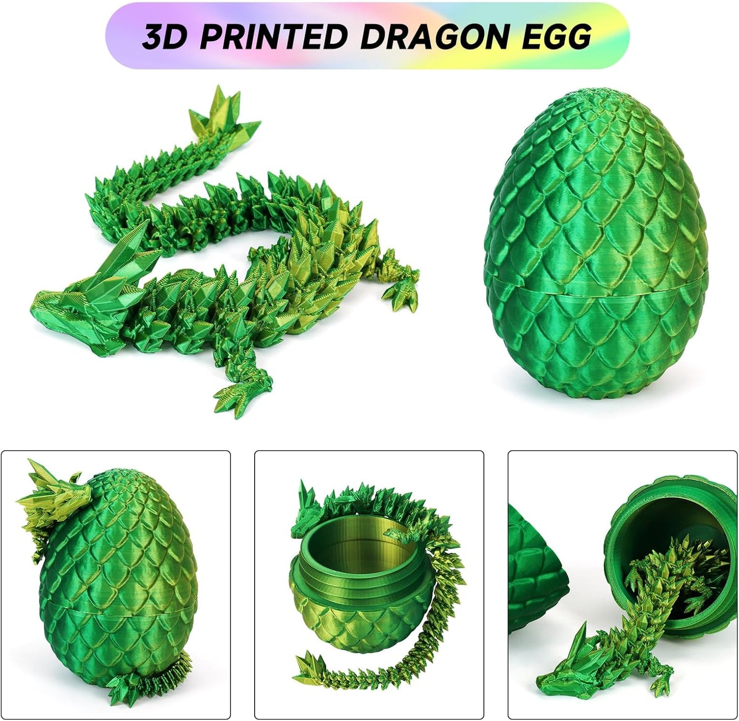 3D Printed Dragon Egg,Dragon Eggs with Dragon Inside,Crystal Dragon Fidget Toys,Full Articulated Dragon Dragon in Egg,Adults Fidget Toys for Autism ADHD (Laser Yellow Green-12inch)