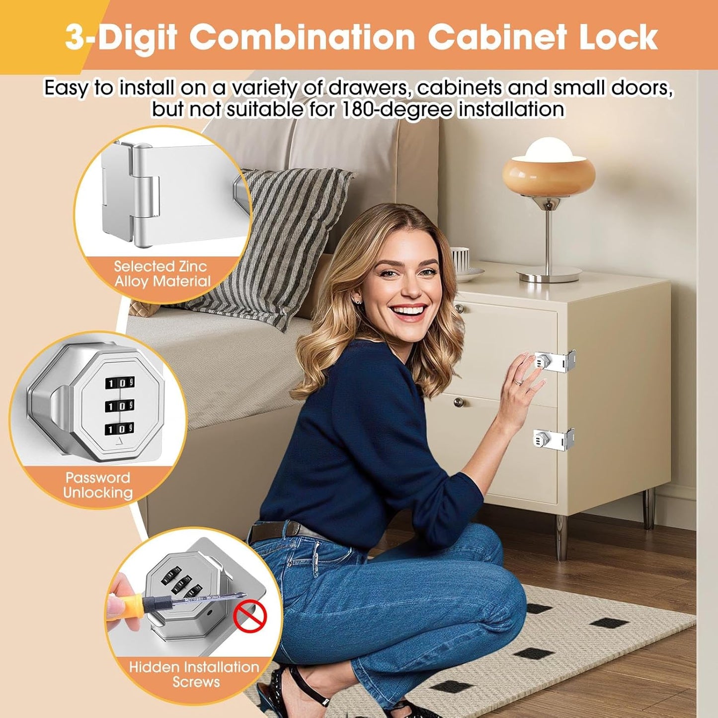 90 Degree Cabinet Locks with Combination, Mechanical Folding Door Latch, Keyless Password Rotary Hasp Latch Lock for Office File Cabinet, Drawers, Locker, Small Door, Cupboard (1, Silver)