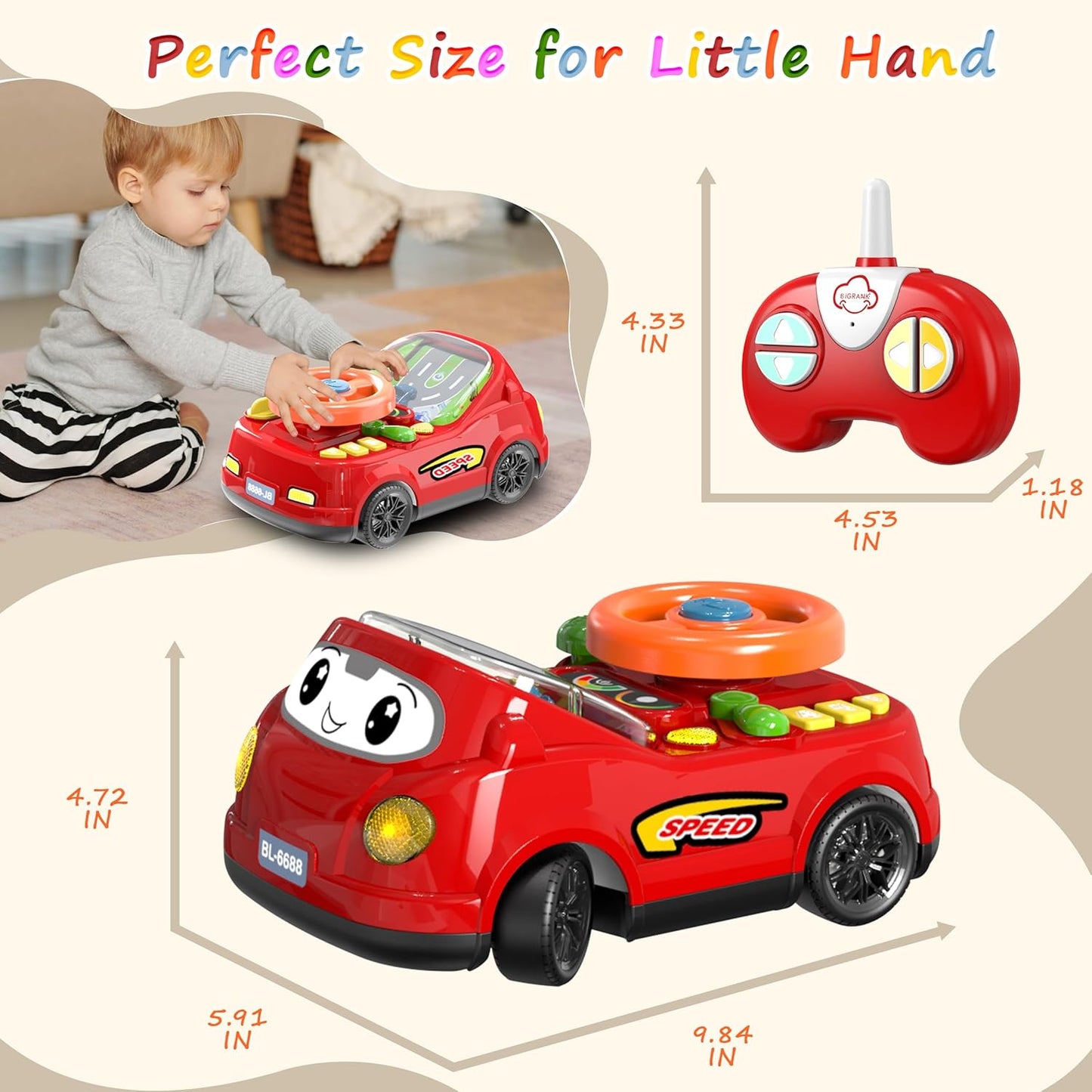 2-in-1 Toddler RC Car & Steering Wheel Toy with Music | Interactive Simulation Driving Adventure Toy for 18+ Months Baby Learning | Gift for 1.5+ Years Old Boys Girls
