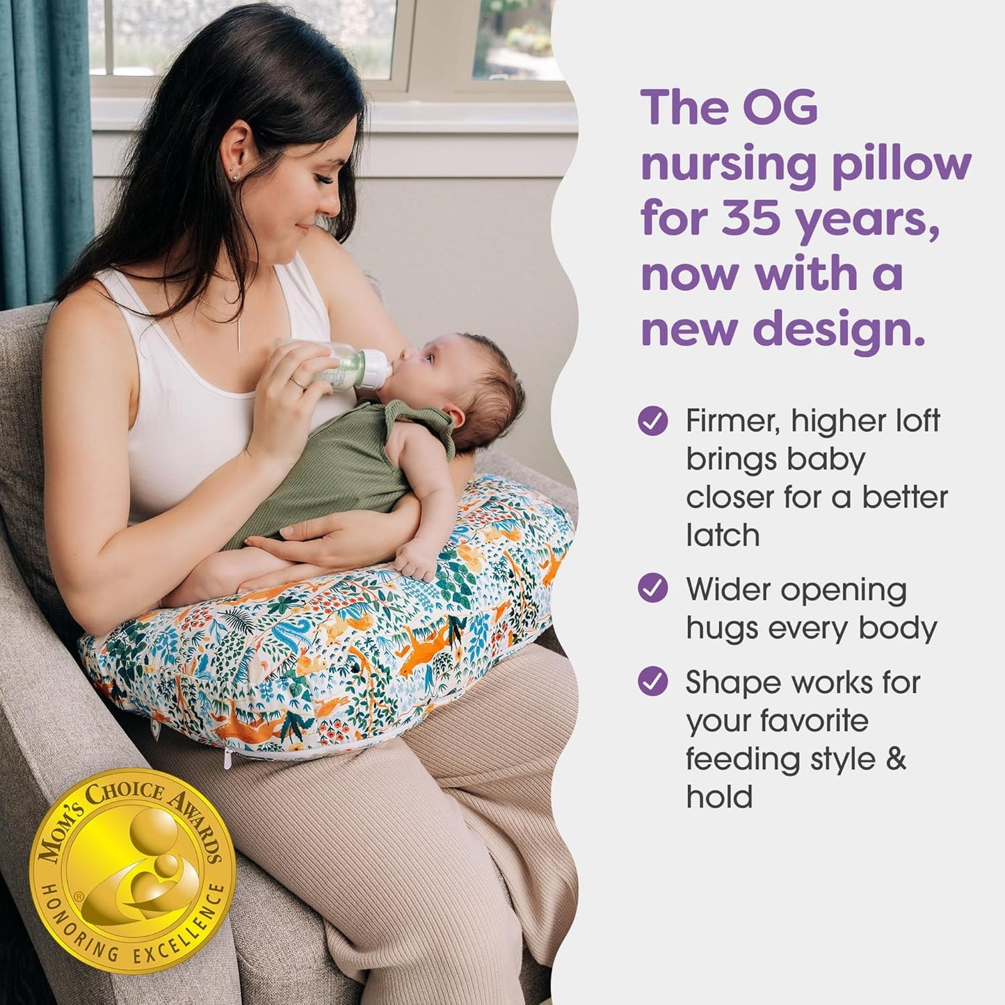 Boppy Nursing Pillow - Ergonomic Bottle & Breastfeeding Pillow with High, Firm, Large Area, Water-Repellent Cushion with Washable Cover; Baby Safety Alliance Verified - Colorful Forest Animals