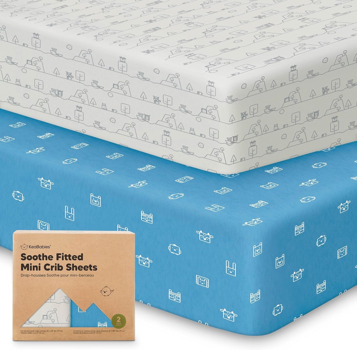 2-Pack Mini Crib Sheets Fitted - 38x26 Pack N Play Sheets for Pack and Play Mattress, Organic Cotton, Soft & Breathable Playard Bedding, Neutral Mini Toddler Bed Cover for Boys, Girls (KeaPixel)