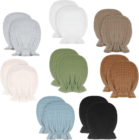 8 Pairs Newborn Baby Muslin Mittens 0-6 Months No Scratch Elastic Wrist Soft Breathable Gloves Bulk Cotton for Infant