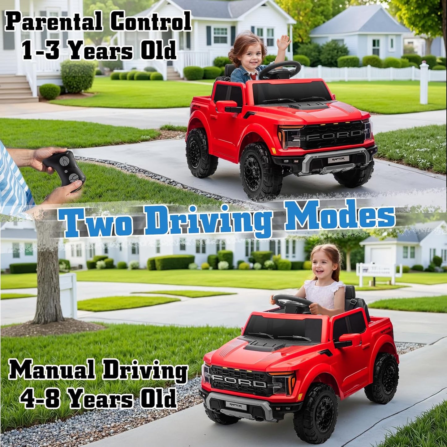 12V Ride on Car Licensed Ford F-150 Raptor, Kids Electric Car with Remote Control, LED Light/Music/MP3, Truck Bed Storage, 3-Point Seat Belt (12V, Red)